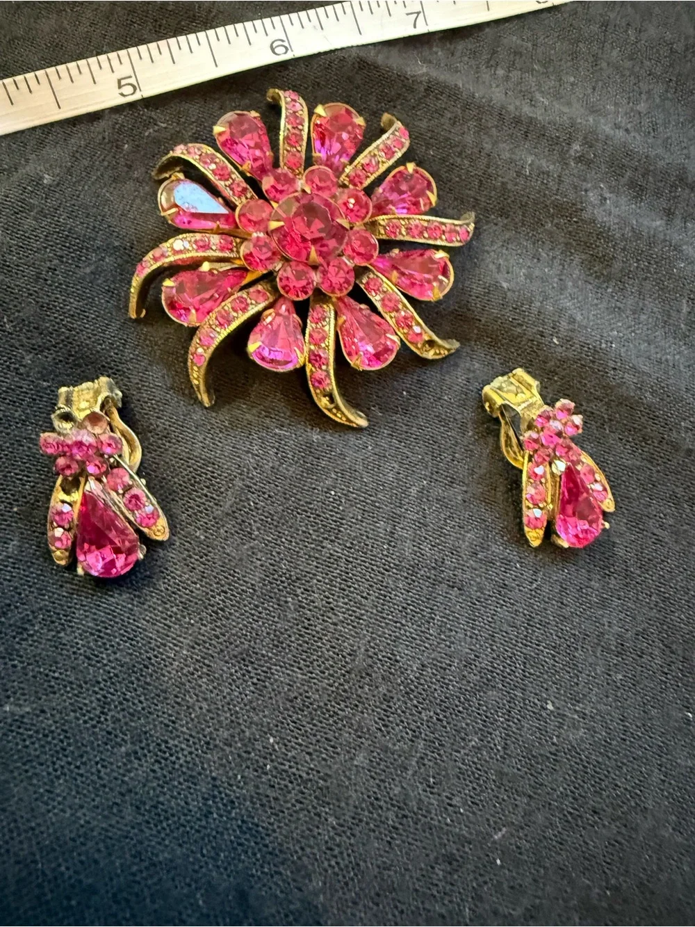 Vintage Pink Crystal Flower Brooch and Clip-On Earrings Set